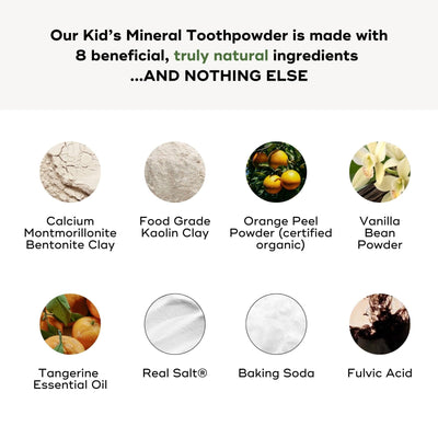 List of ingredients for a kids' mineral toothpowder - all natural, pro oral health.