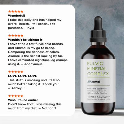 Four different 5 star reviews of Akamai's Fulvic Mineral Complex next to a bottle of the supplement.