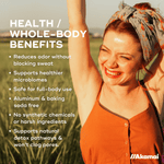 Woman outdoors with text about health and whole-body benefits, including reduced odor and support for healthier microbes.