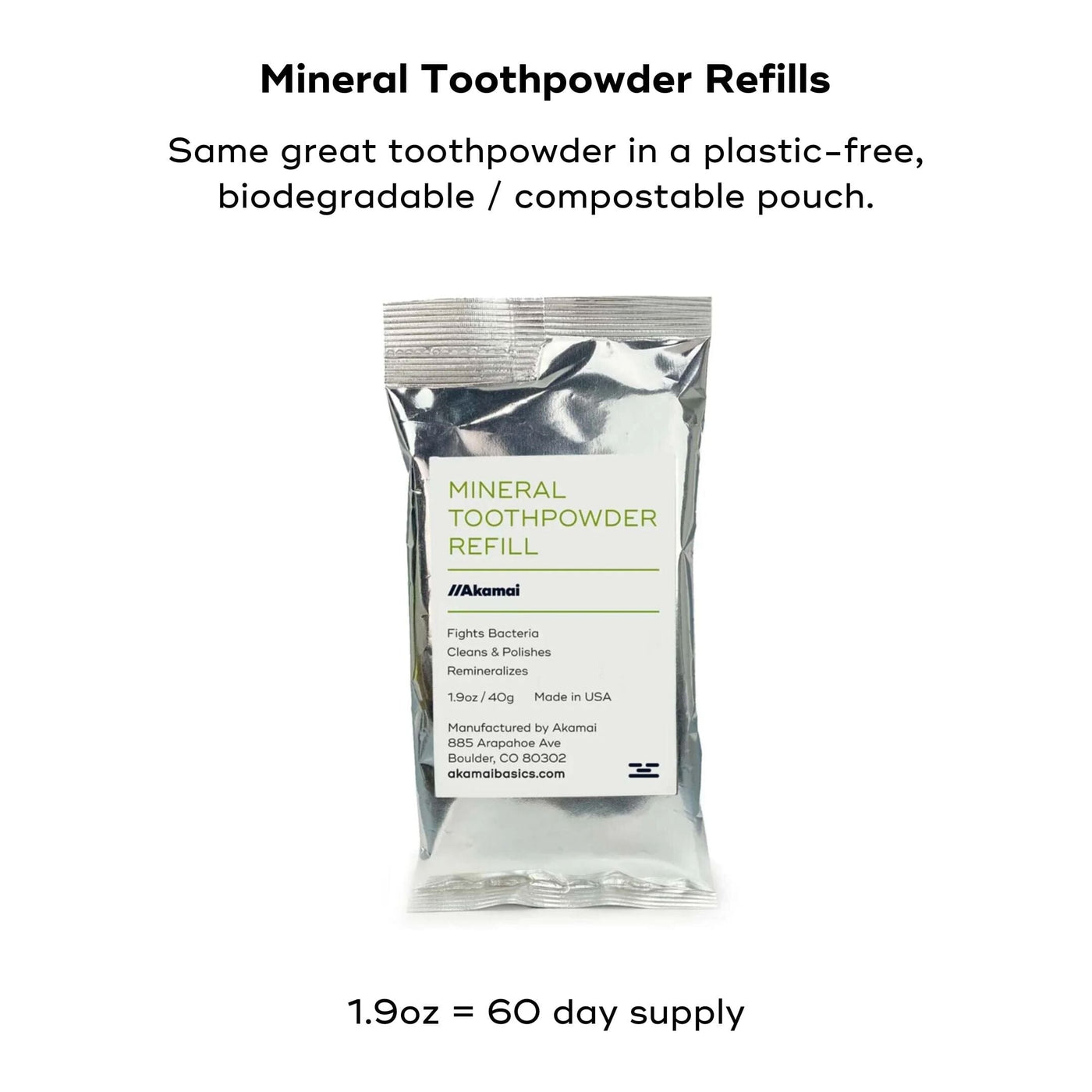 Mineral Toothpowder Refills include the same great toothpowder in a plastic-free biodegradable compostable pouch.