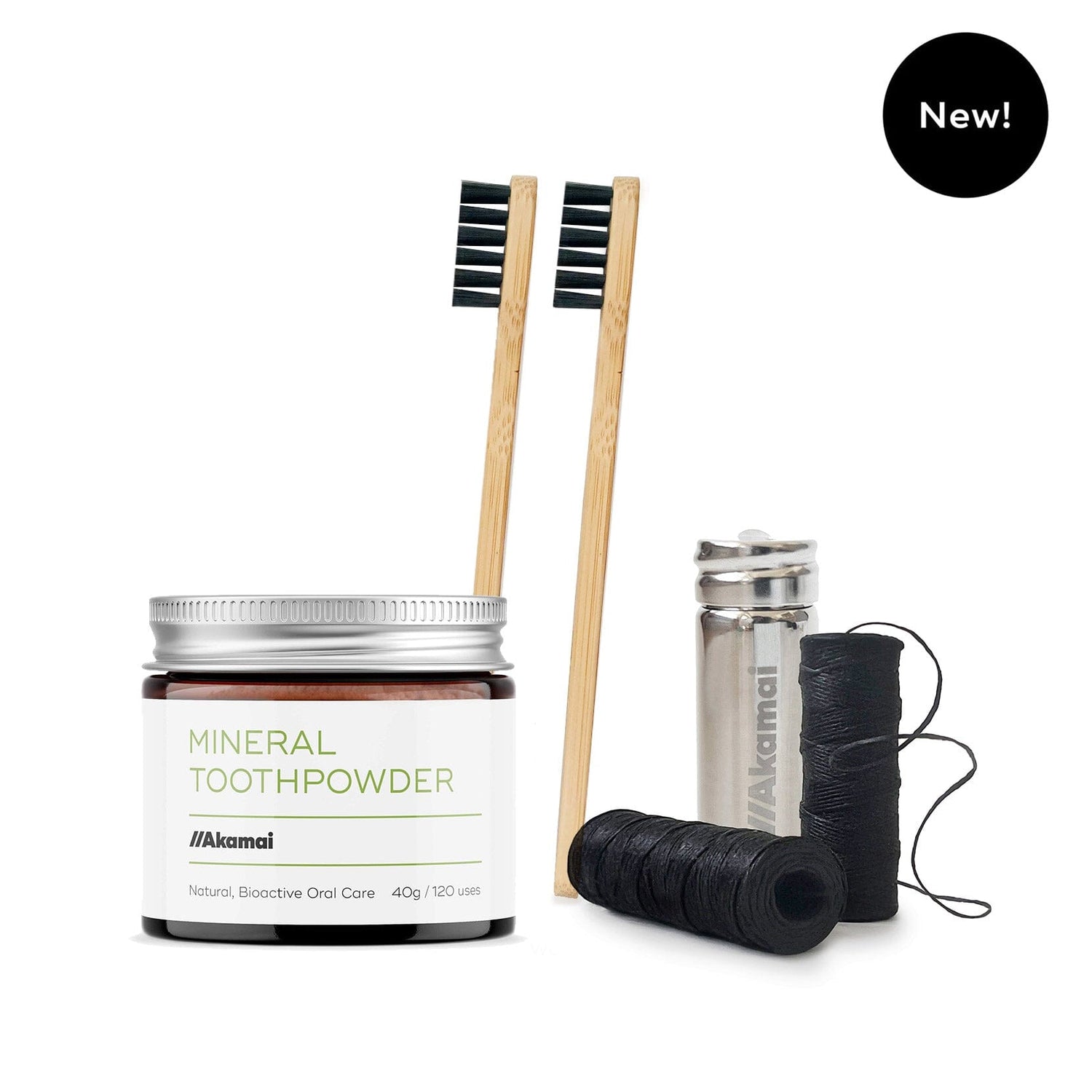 ORAL CARE ESSENTIALS KIT Kit Akamai Oral Care Essentials Kit w/Black Floss - Toothpowder. 2x Toothbrush. Infused Black Floss. | $48 