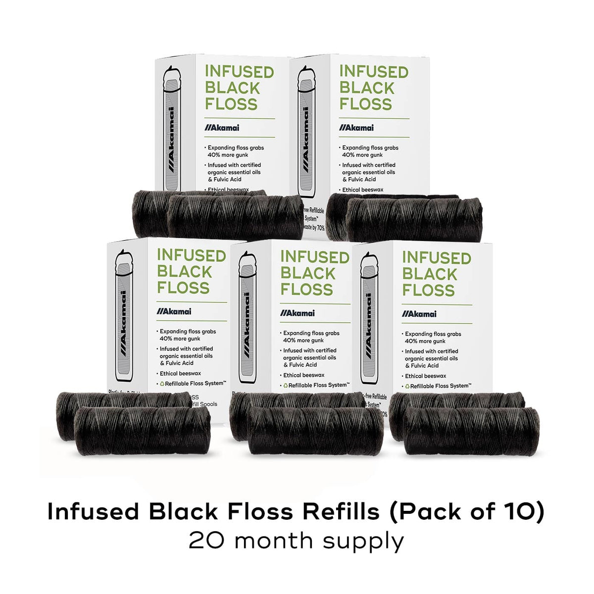 INFUSED FLOSS Oral Care Akamai 10 Refills Black Expandable Floss | 20 mos supply (330 yds) - $50 (Save $15) 