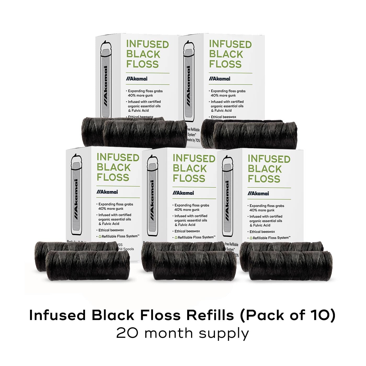 INFUSED FLOSS Oral Care Akamai 10 Refills Black Expandable Floss | 20 mos supply (330 yds) - $50 (Save $15) 