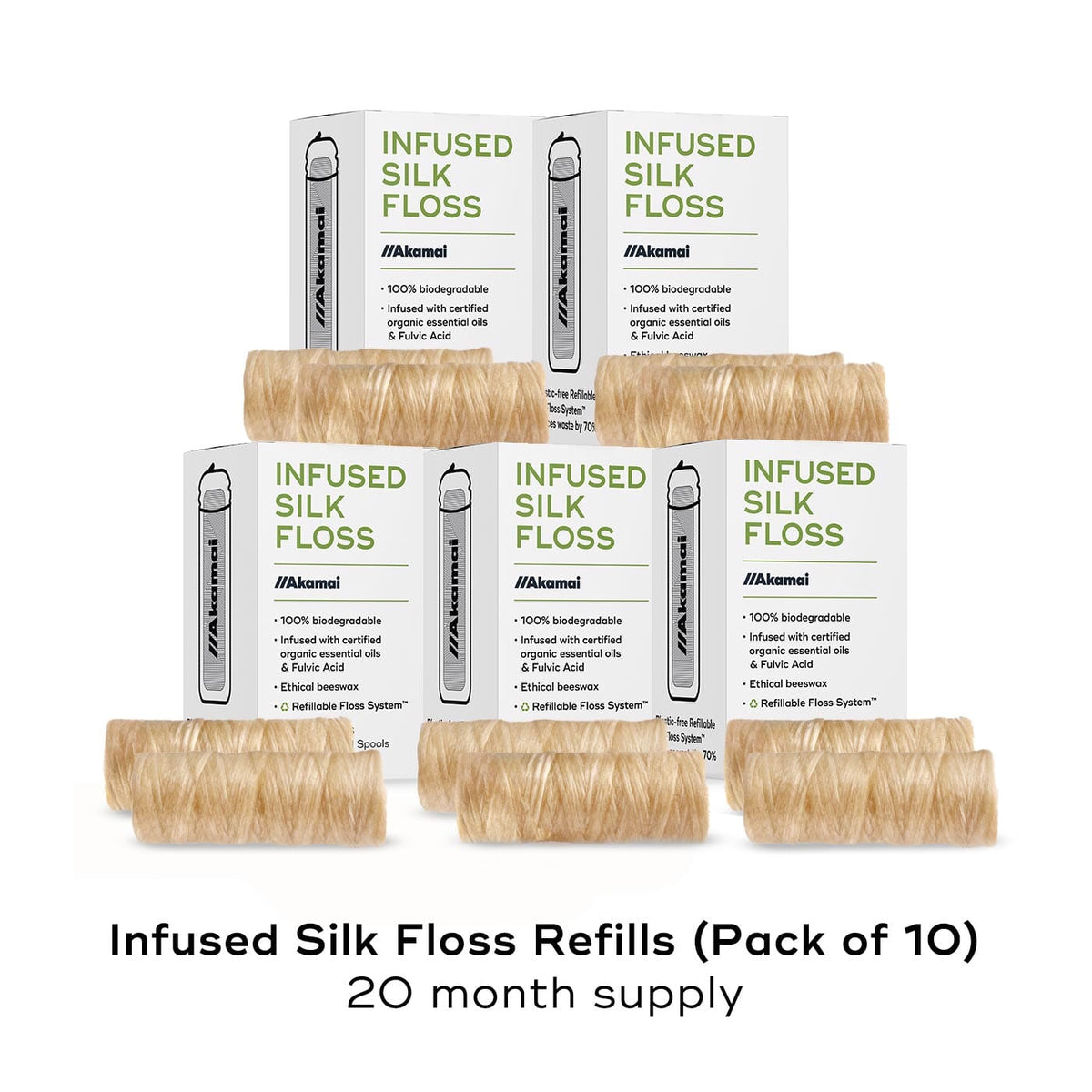 INFUSED FLOSS Oral Care Akamai 10 Refills Silk Natural Floss | 20 mos supply (330 yds) - $55 (Save $15) 