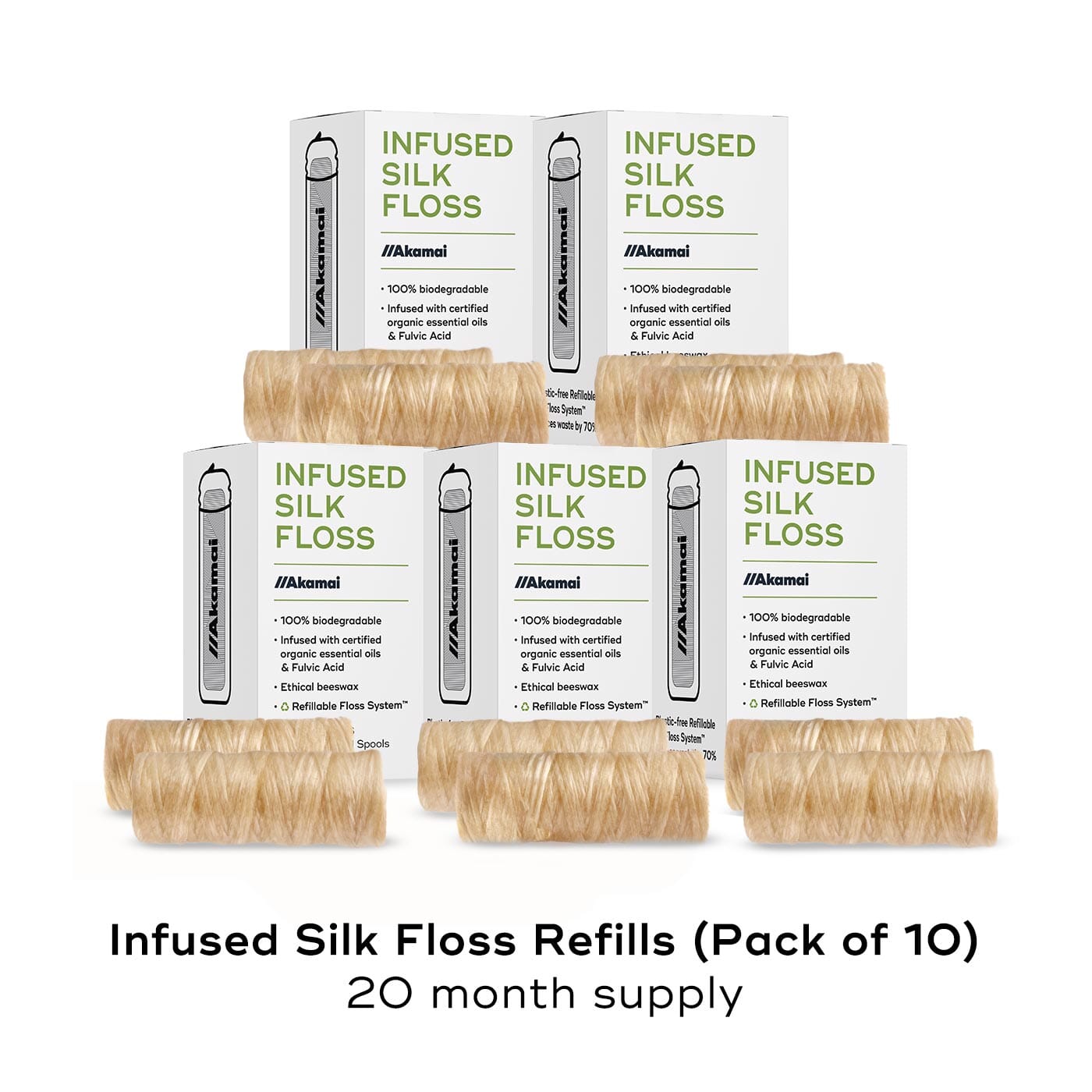 INFUSED FLOSS Oral Care Akamai 10 Refills Silk Natural Floss | 20 mos supply (330 yds) - $55 (Save $15) 