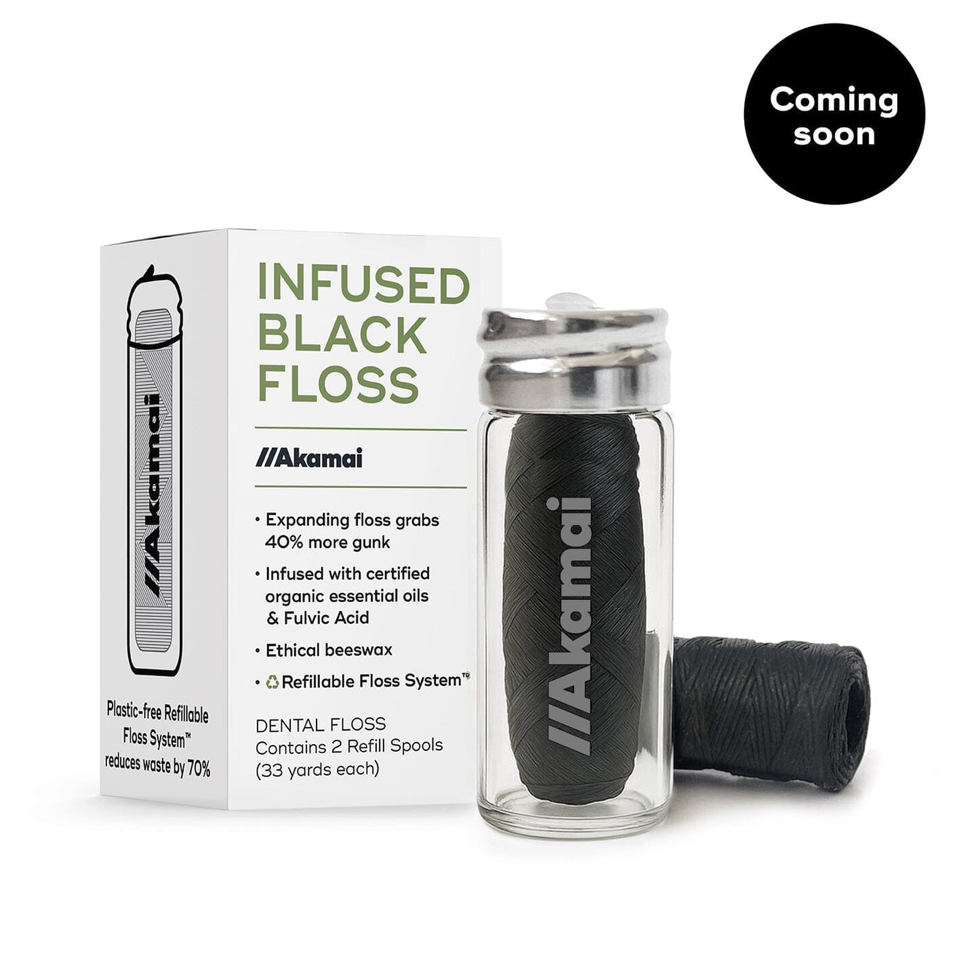 INFUSED FLOSS Oral Care Akamai Infused Black Floss w/Glass Container (2 spools) | 4 mos supply (66 yds) - $16 