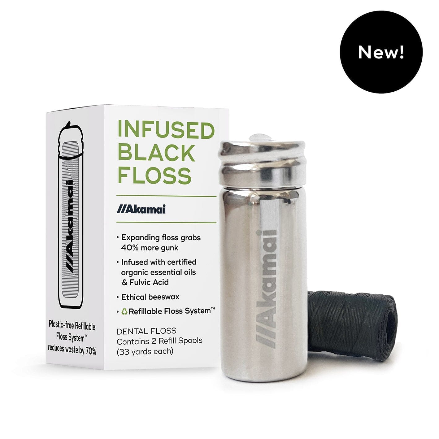 INFUSED FLOSS Oral Care Akamai Infused Black Floss w/Steel Container (2 spools) | 4 mos supply (66 yds) - $16 