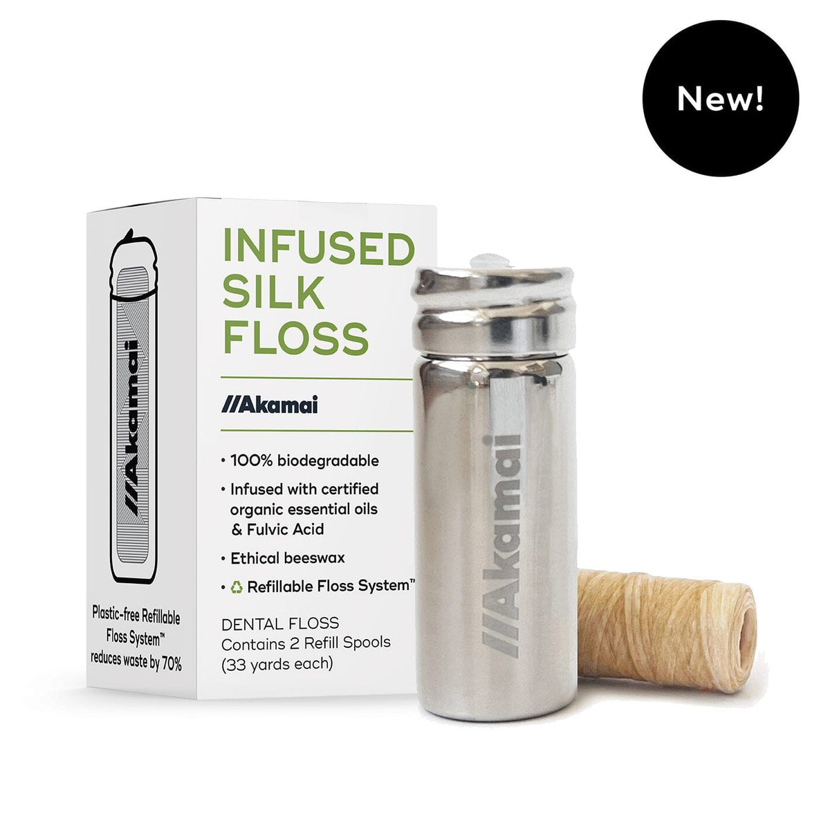 INFUSED FLOSS Oral Care Akamai Infused Silk Floss w/Steel Container (2 spools) | 4 mos supply (66 yds) - $16 