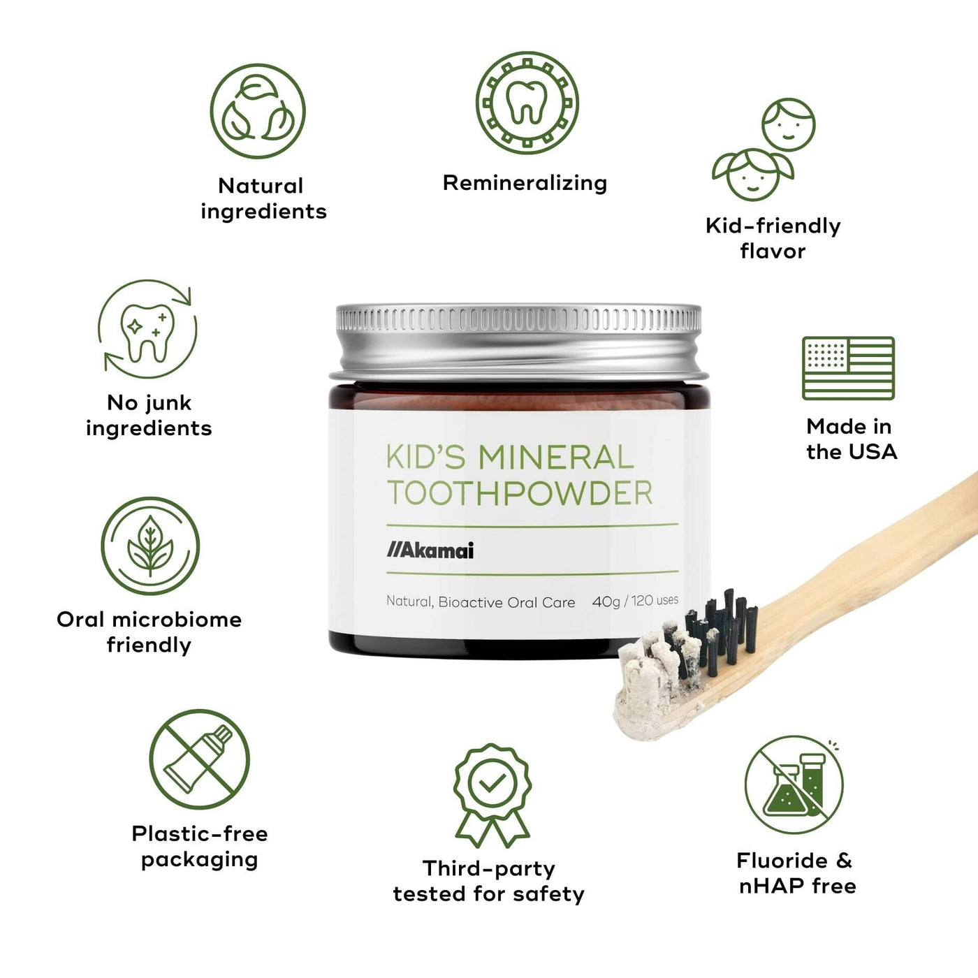 Akamai Kids' Mineral Toothpowder with various benefits listed