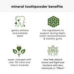 Diagram of mineral toothpowder benefit  icons with supporting text