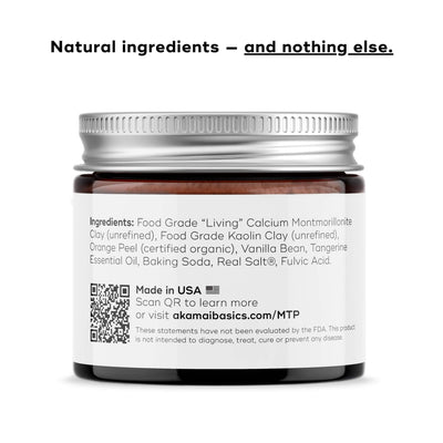 Jar of natural product with label detailing ingredients and origin, on a white background.