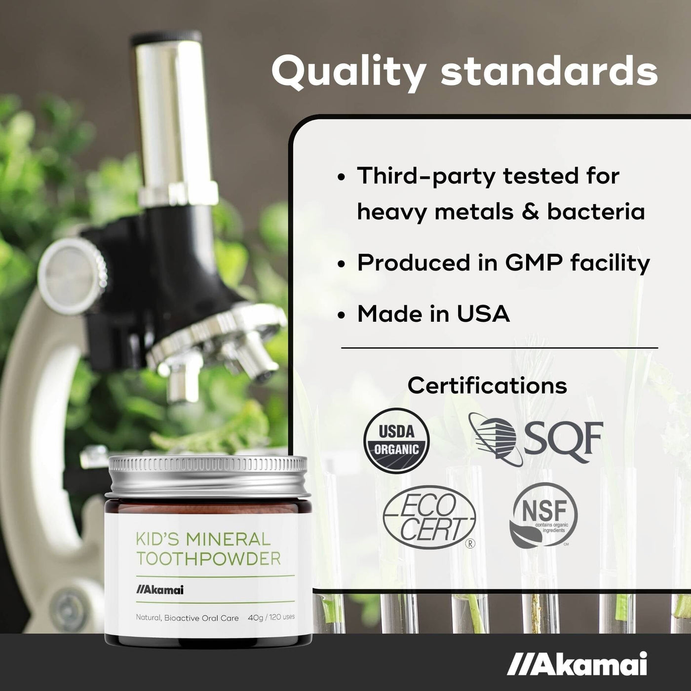 Akmai kids' mineral toothpowder with quality standards and certifications displayed.