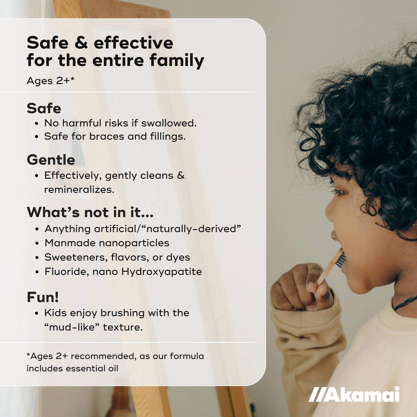 Child brushing teeth with product information overlay describing the toothpowder's safe, gentle, and clean properties.