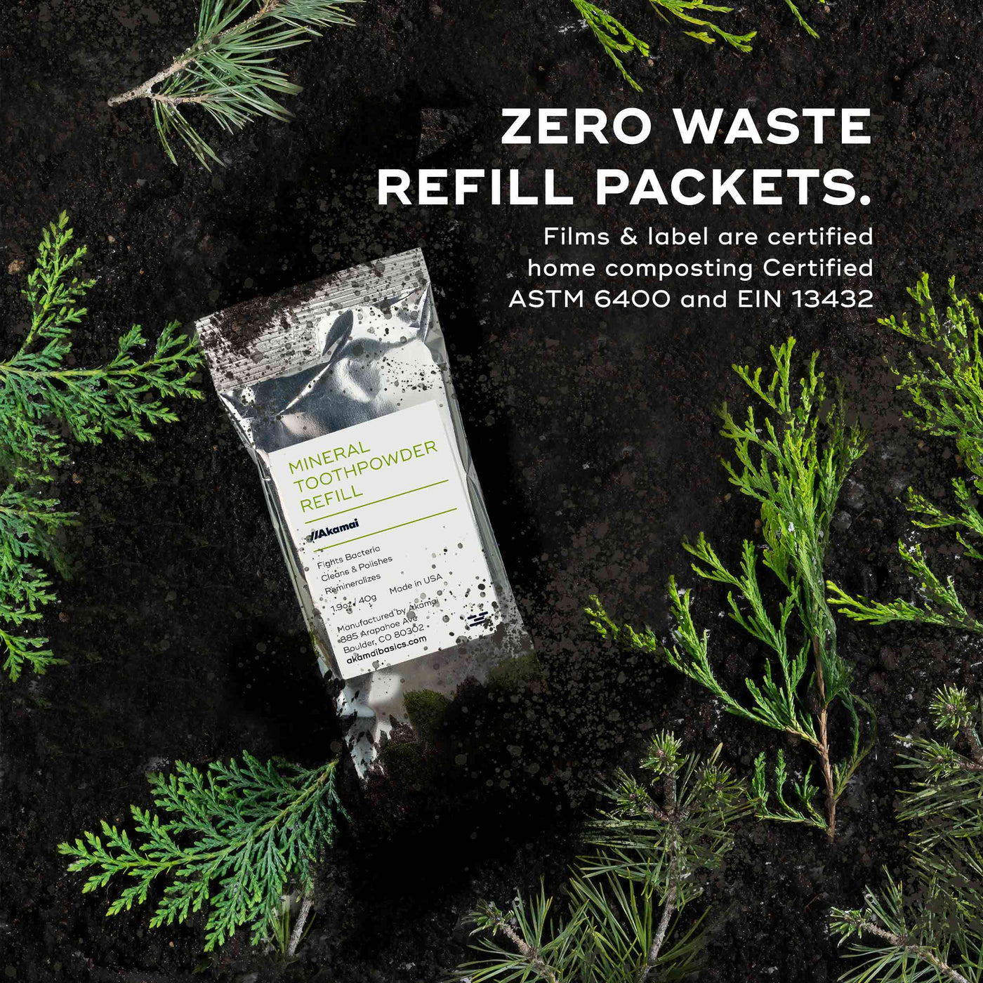 Akamai Mineral Toothpowder's refillable options includes zero waste compostable refill packets.
